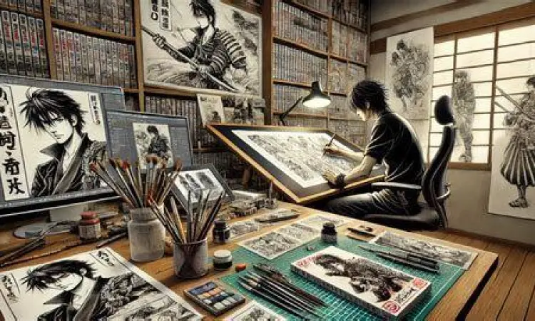 Proses Kreatif Manga Meja kerja komikus manga dengan berbagai peralatan gambar