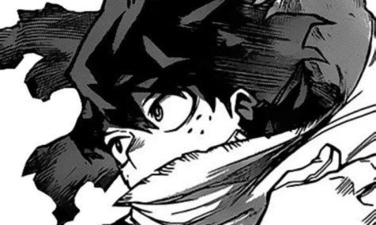 Aksi Izuku Midoriya di Manga Panel manga Izuku Midoriya menggunakan One For All