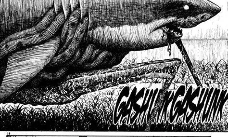 Panel ikonik hiu berjalan dari manga Gyo karya Junji Ito