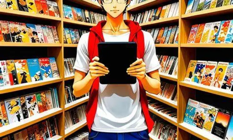 Relaksasi dengan Komik Seseorang bersantai membaca komik digital di tablet