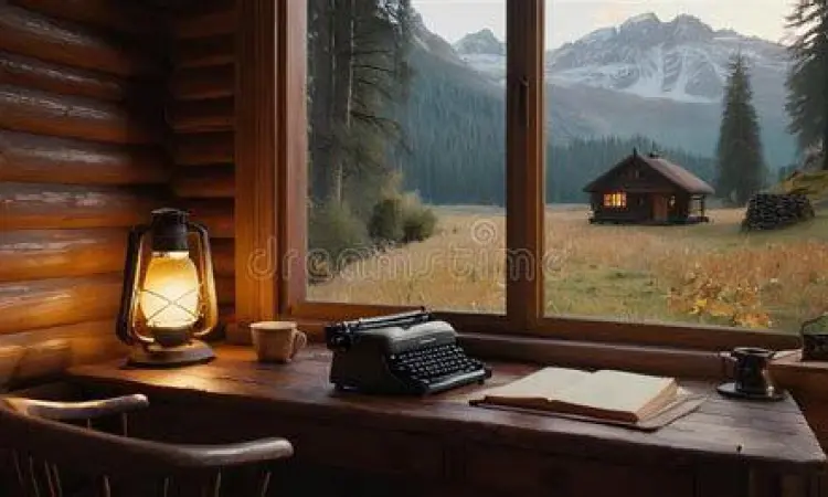 Meja tulis kayu dengan pemandangan jendela ke arah perbukitan hijau