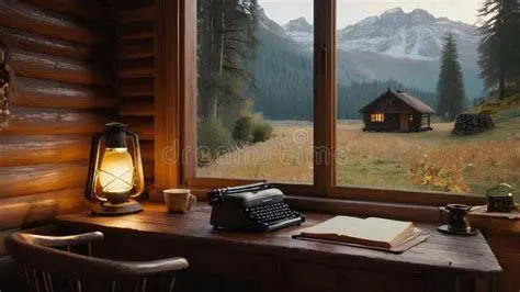 Ruang Kerja di Pedesaan Meja tulis kayu dengan pemandangan jendela ke arah perbukitan hijau