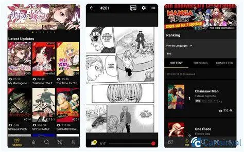 Aplikasi Manga Plus Antarmuka aplikasi Manga Plus untuk baca komik resmi