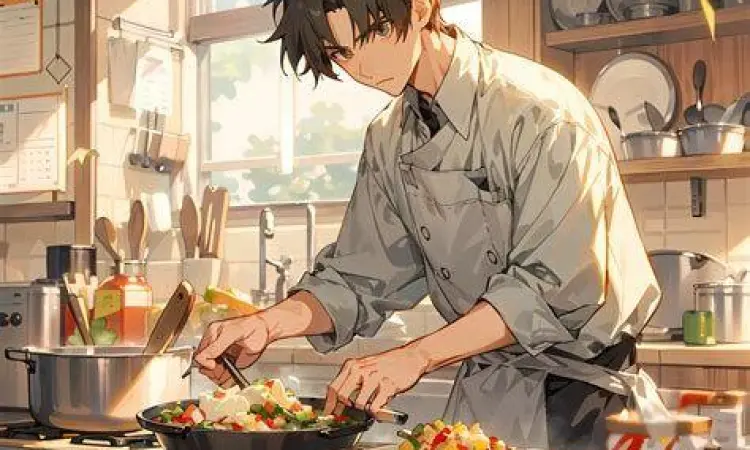 Karakter anime sedang memasak makanan fantasi